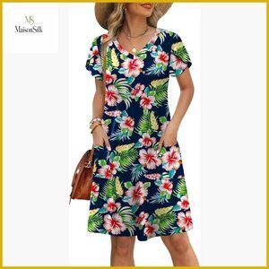 Loose Fit V-Neck Swing Sundress with Pockets, Knee-Length Casual Summer Dress